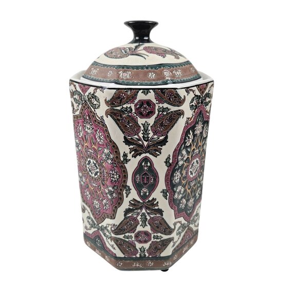 Hexagon Ceramic Canister Jar Floral Paisley Multicolor Lidded Kitchen Decor - Picture 2 of 10